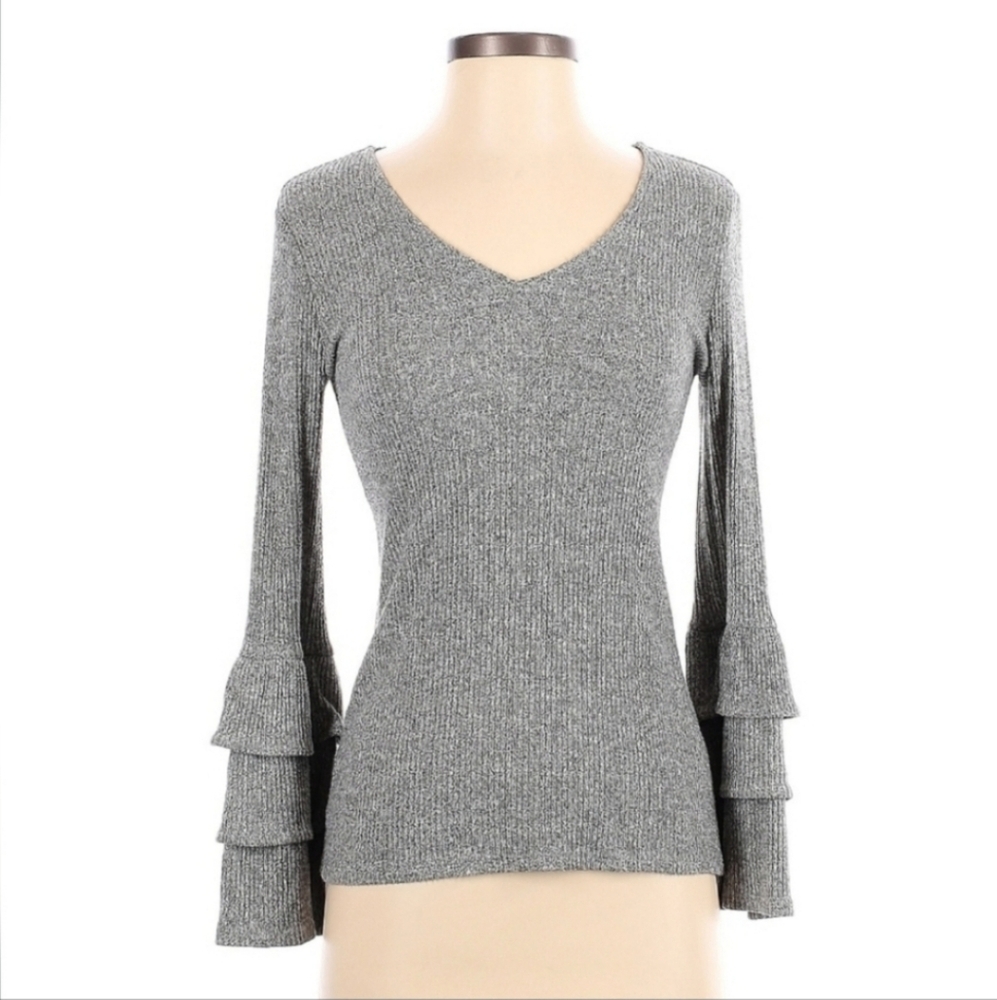 WHITE HOUSE BLACK MARKET Grey Longsleeve Knit Sweater with Ruffle Bell Sleeves